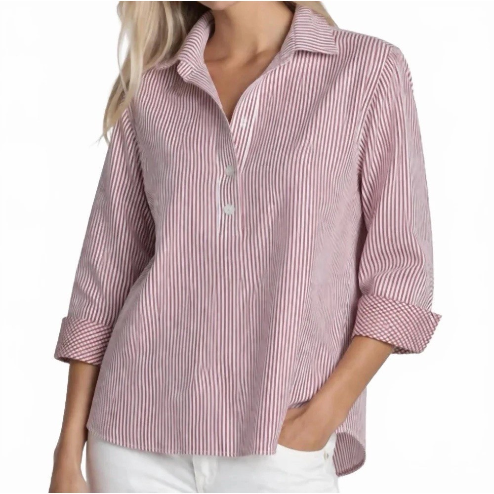 Hinson Wu Womens S Aileen 3/4 Sleeve Button Back Blouse Red Stripe Designer